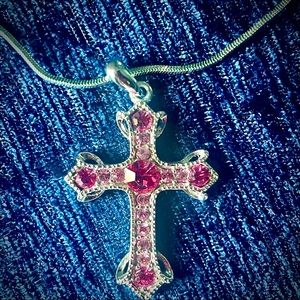 Silver Necklace & Earrings with Pink Crystals inlayed like NWOT